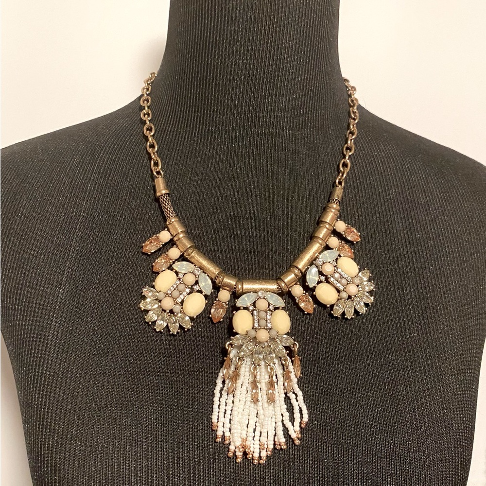 Gold And White Crystal Beaded Statement Necklace